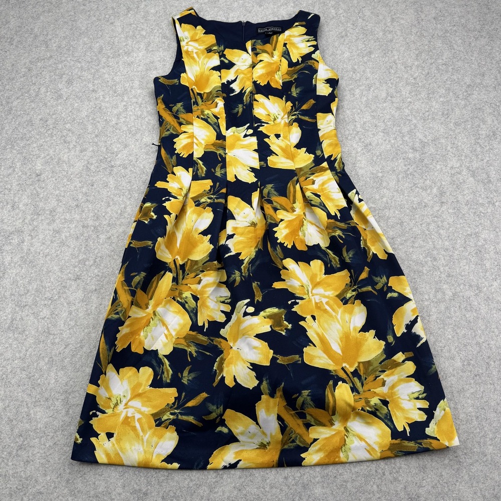 Karin Stevens Dress Womens 8 Yellow Floral Fit Flare Sleeveless Knee Length